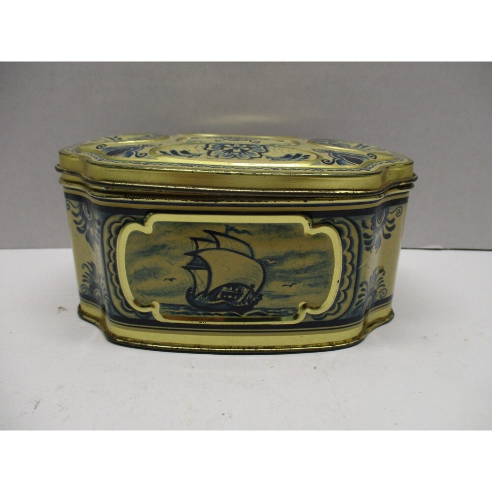 Vtg Delft Tin Candy Box Delft Blue And White Dutch Oval West Germany